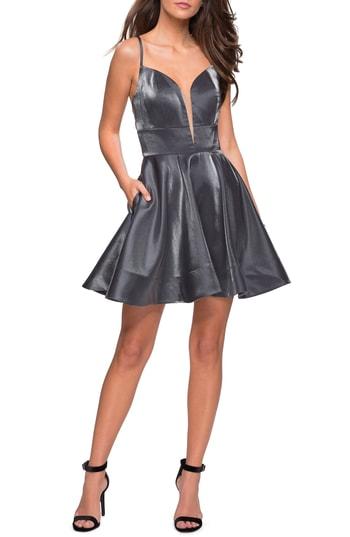 Women's La Femme Satin Fit & Flare Dress - Grey