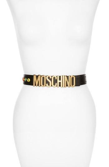 Women's Moschino Patti Logo Plate Leather Belt - Black