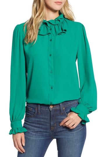 Women's Halogen Ruffle Neck Blouse - Green