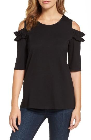 Women's Halogen Ruffle Cold Shoulder Tee - Black