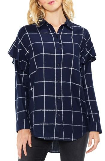 Women's Two By Vince Camuto Ruffle Shoulder Windowpane Plaid Top, Size - Blue