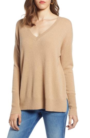 Women's Halogen Relaxed V-neck Cashmere Sweater - Brown