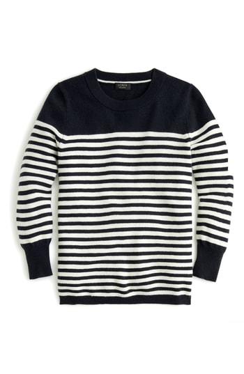 Women's J.crew Stripe Crewneck Cashmere Sweater, Size - Blue