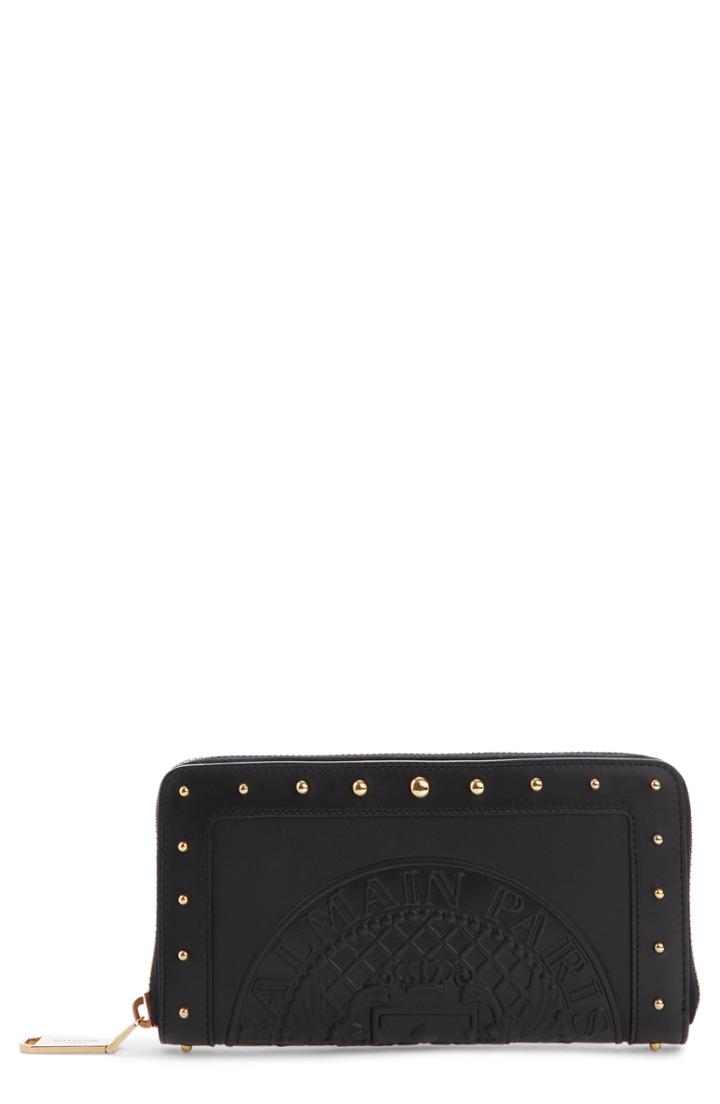 Women's Balmain Embossed Coin Leather Zip Around Wallet - Black