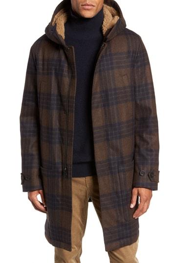 Men's Vince Plaid Duffle Coat With Faux Shearling Trim - Red