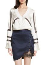 Women's Self-portrait Lace Trim Satin Blouse - White