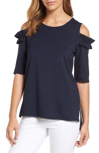 Petite Women's Halogen Ruffle Cold Shoulder Tee P - Blue