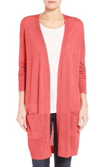 Women's Halogen Long Linen Blend Cardigan, Size - Coral