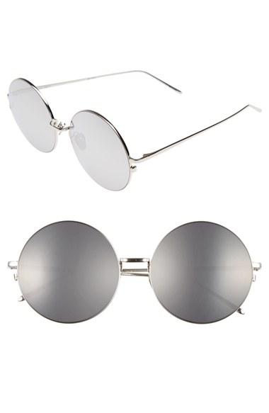 Women's Linda Farrow 58mm Round 18 Karat White Gold Trim Sunglasses - White Gold/ Platinum