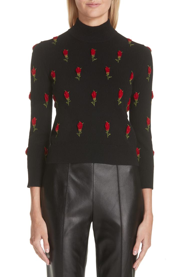 Women's Michael Kors Velvet Rose Embroidered Cashmere Sweater
