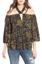 Women's Sun & Shadow Tie Neck Off The Shoulder Top, Size - Black