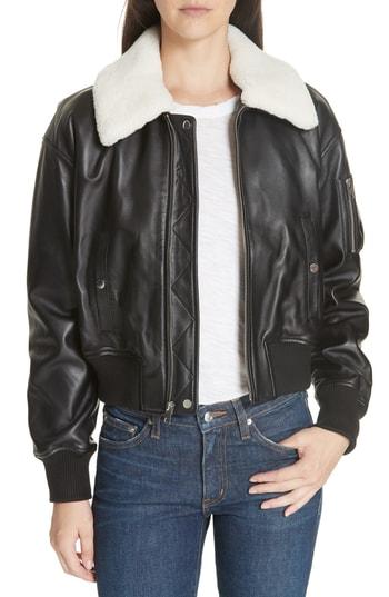 Women's Derek Lam 10 Crosby Cropped Leather Flight Jacket With Genuine Shearling Removable Trim - Black