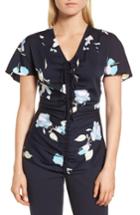 Women's Lewit Ruched Floral Stretch Silk Top - Blue