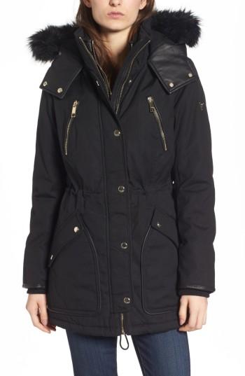 Women's Guess Hooded Anorak With Detachable Faux Fur - Black