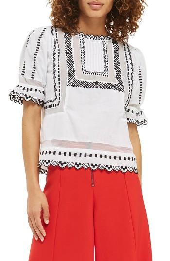 Women's Topshop Embroidered Puff Sleeve Top Us (fits Like 0-2) - White