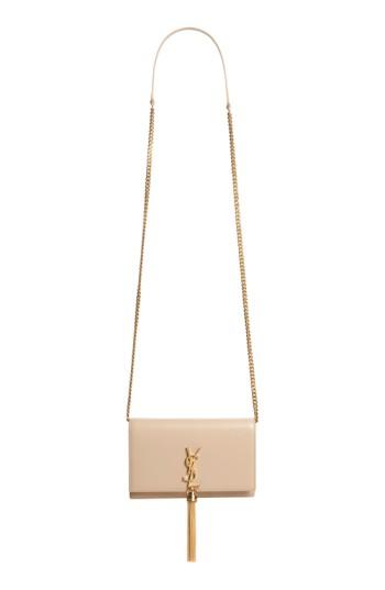 Women's Saint Laurent Small Monogram Calfskin Leather Wallet On A Chain - Beige