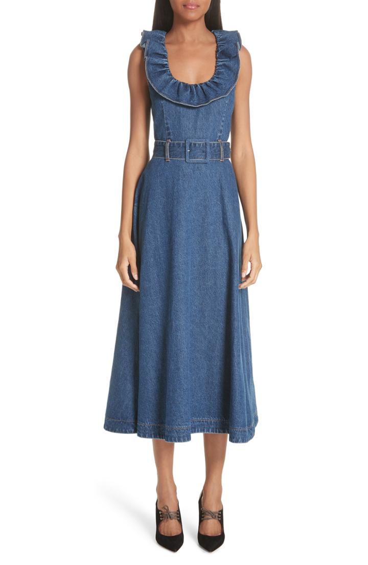 Women's Co Ruffle Neck Belted Denim Dress - Blue