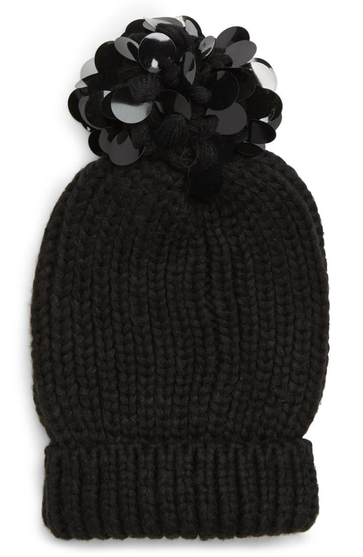 Women's Tasha Sequin Pompom Beanie - Black