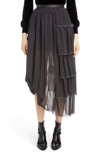 Women's Loewe Polka Dot Asymmetrical Tiered Ruffle Skirt -6 Us / 38 Fr - Black