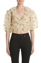 Women's Ganni Bliss Embroidered Floral Wrap Top Us / 34 Eu - Yellow