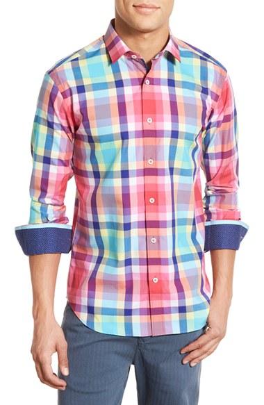 Men's Bugatchi Shaped Fit Plaid Sport Shirt - Pink