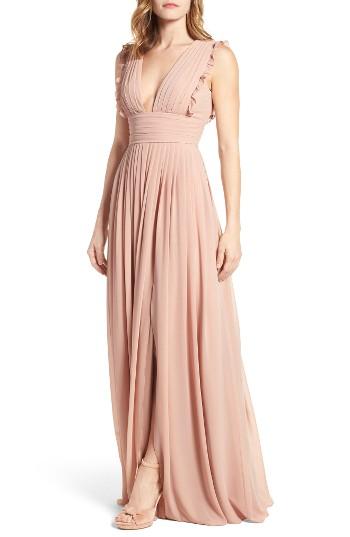 Women's Monique Lhuillier Bridesmaids Deep V-neck Ruffle Pleat Chiffon Gown
