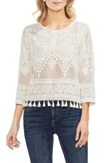 Women's Vince Camuto Tassel Hem Embroidered Blouse - White