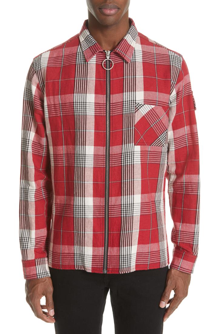 Men's Off-white Diagonal Skull Graphic Zip Check Shirt - Red