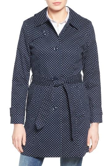 Petite Women's London Fog Polka Dot Single Breasted Trench Coat P - Blue
