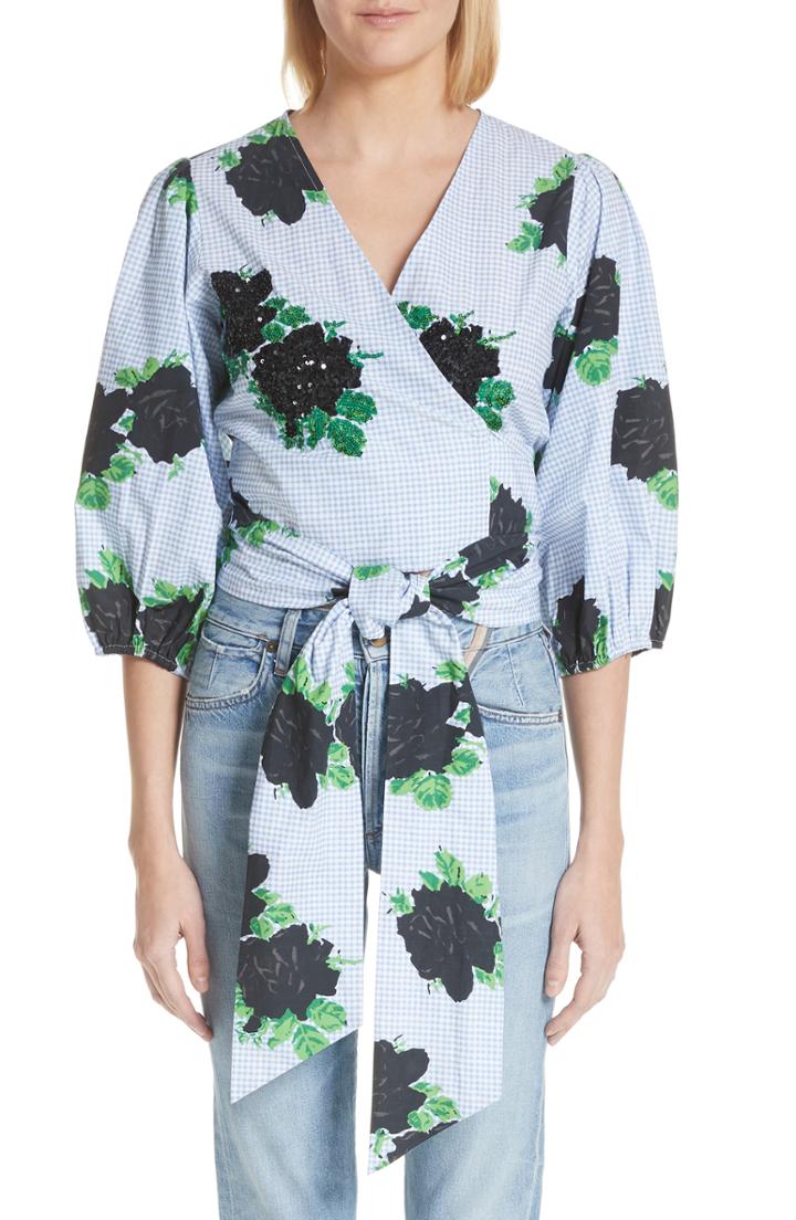 Women's Ganni Pine Floral Wrap Top Us / 34 Eu - Blue