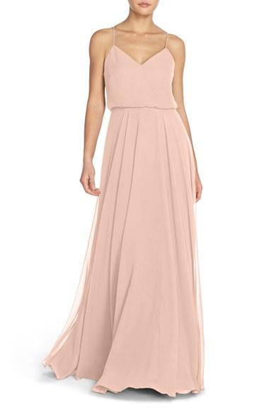 Women's Jenny Yoo Inesse Chiffon V-neck Spaghetti Strap Gown - Pink