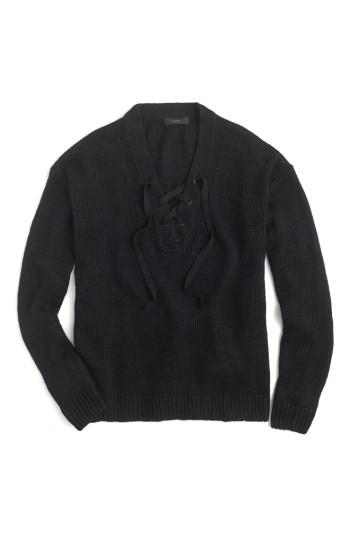 Women's J.crew Linen Lace-up Beach Sweater, Size - Black