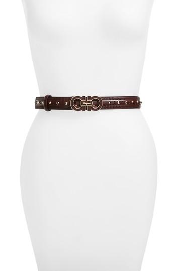 Women's Salvatore Ferragamo Groove Leather Belt With Double Gancini Buckle - Deep Bordeaux