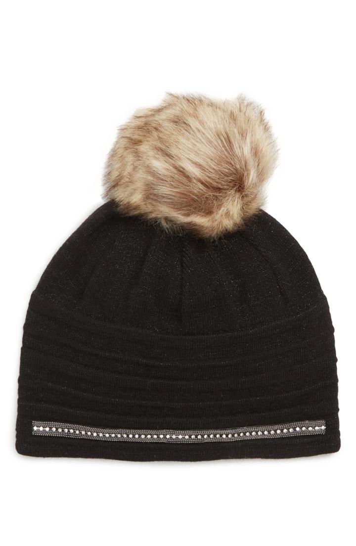 Women's Badgley Mischka Stitch Faux Fur Pom Beanie - Black