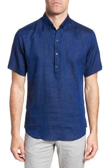 Men's Zachary Prell Shapiro Trim Fit Linen Popover Sport Shirt - Blue