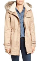 Women's Larry Levine Faux Shearling & Faux Fur Trim Water Repellent Parka With Detachable Hood - Beige