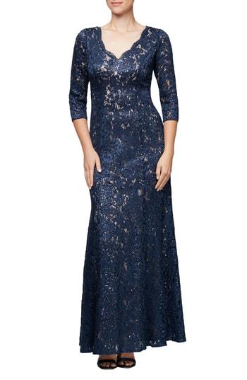 Women's Alex Evenings Lace & Sequin Trumpet Gown - Blue