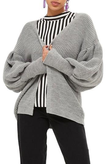 Women's Topshop Pleated Balloon Sleeve Cardigan - Grey