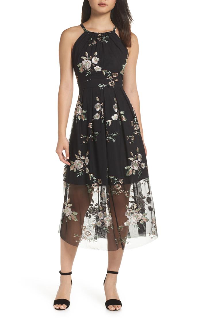 Women's Vince Camuto Embroidered Mesh Midi Dress - Black