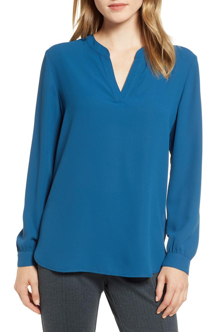 Women's Anne Klein Crepe De Chine Long Sleeve Blouse, Size - Blue