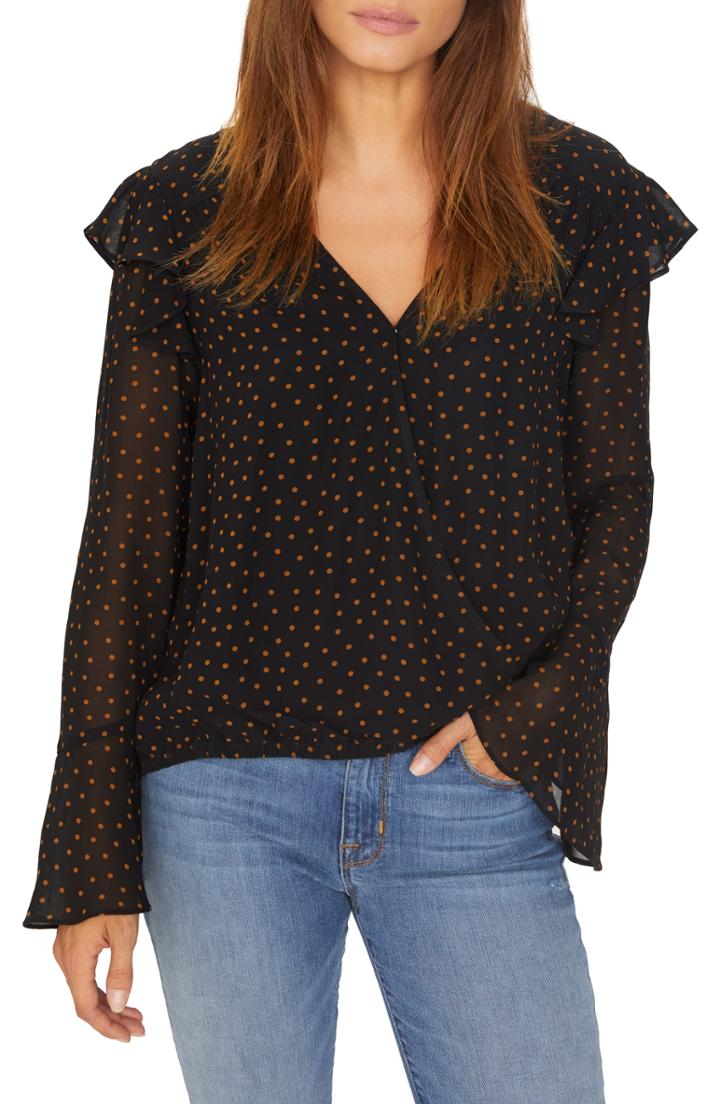 Women's Sanctuary Cori Ruffle Wrap Front Polka Dot Blouse, Size - Black
