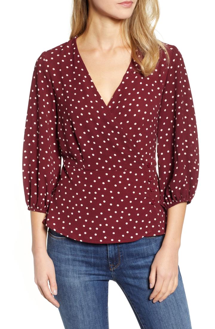 Women's Bobeau Side Button Wrap Blouse - Burgundy