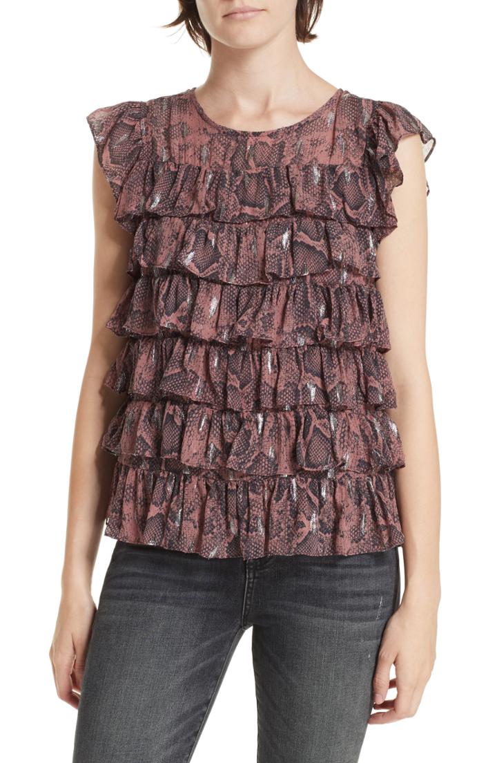 Women's Rebecca Taylor Snake Print Metallic Silk Ruffle Top