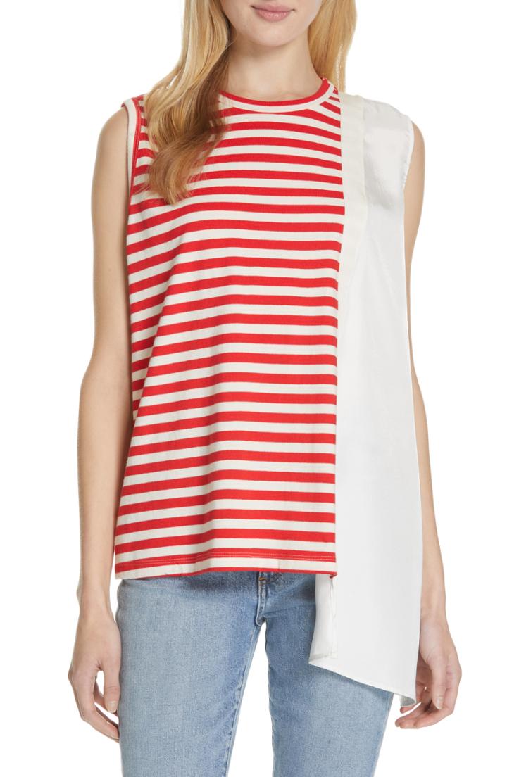 Women's Clu Stripe Mixed Media Asymmetrical Tank - Red