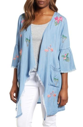 Women's Billy T Flamingo Embroidered Chambray Kimono - Blue