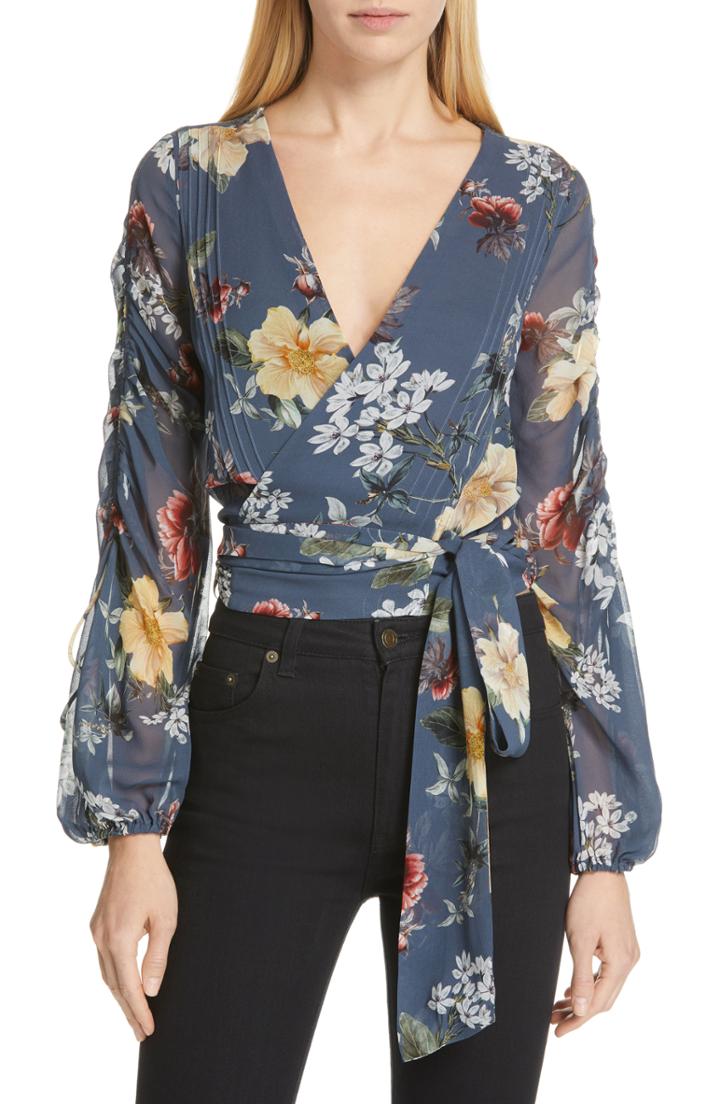 Women's Nicholas Floral Print Silk Pintuck Wrap Top - Blue/green
