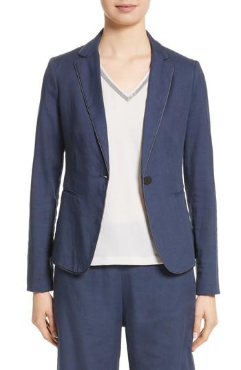 Women's Fabiana Filippi Piped Linen & Cotton Blend Blazer Us / 38 It - Blue