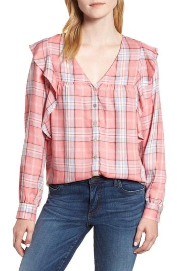 Women's Bobeau Ruffled Plaid Shirt - Pink