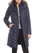 Women's Andrew Marc Chevron Quilted Coat With Genuine Coyote Fur Trim - Blue