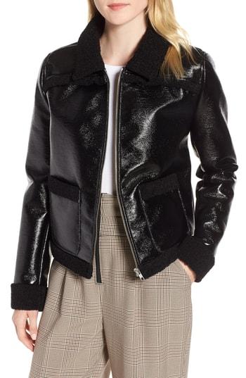 Women's Trouve Faux Patent Leather & Shearling Jacket, Size - Black